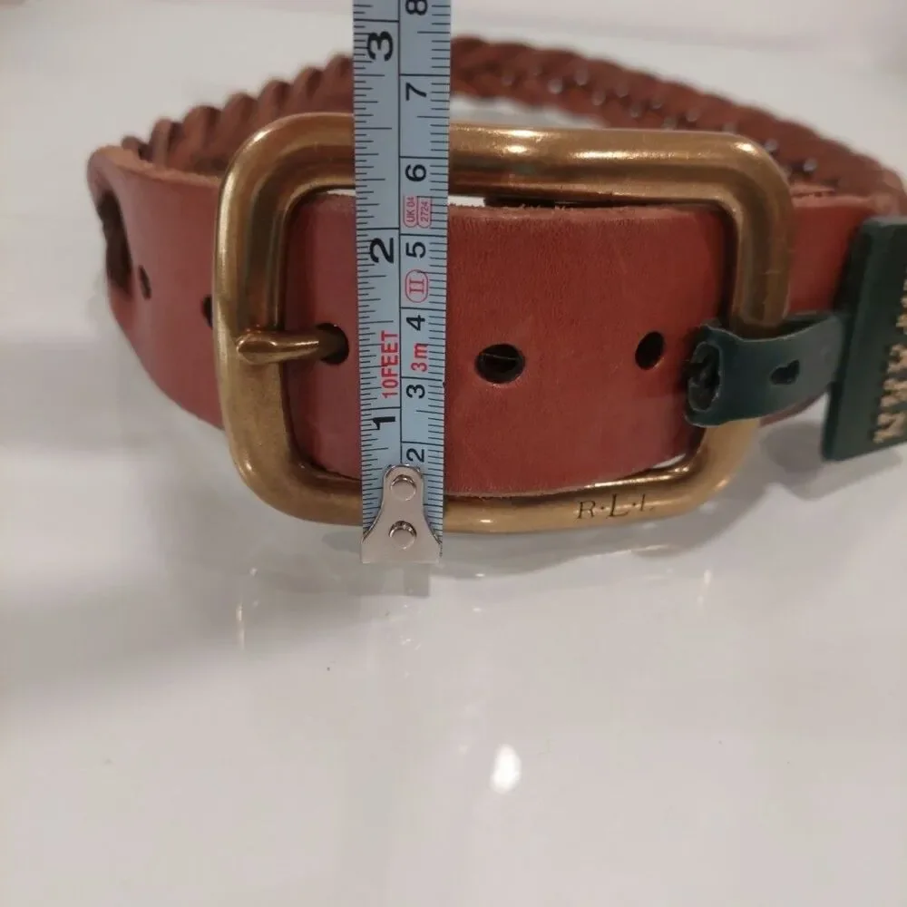 New RLL Ralph Lauren Tan Split Leather Braided Belt Massive Buckle Sz Smal